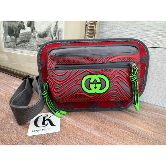 Gucci Neon Green Logo Red & Grey Belt Bag Crossbody NWT - Picture 1 of 3